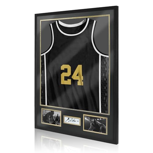 ASmileIndeep Jersey Frame Display Case for FootballSolid Wood Shadow Box with 98 UV Protection AcrylicTwo Photo Frame One Signature for Baseball Basketball Hockey Uniforms  Black Walnut Finish