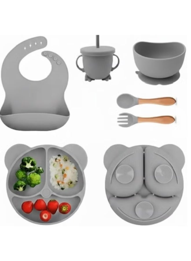 مجموعة اطعام اطفال من السيليكون، لوازم الفطام، تتضمن اكواب شفط واطباق مقسمة، مريلة قابلة للتعديل، ادوات اطفال وملاعق وشوك وكوب - العاب رائعة للاطفال (رصاصي) - Image 1