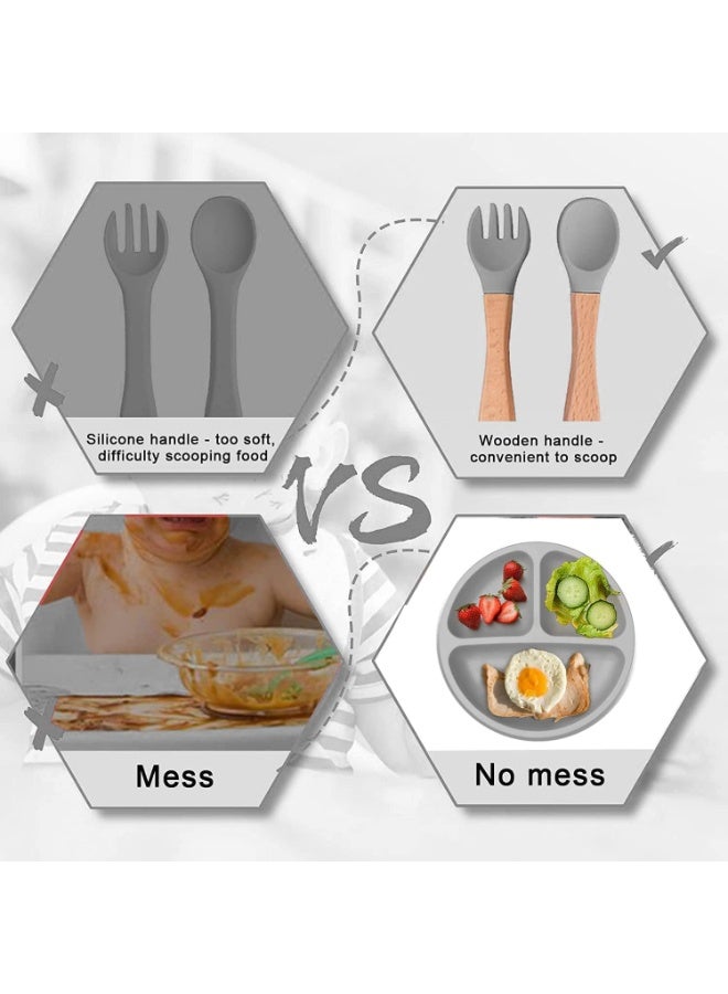 مجموعة اطعام اطفال من السيليكون، لوازم الفطام، تتضمن اكواب شفط واطباق مقسمة، مريلة قابلة للتعديل، ادوات اطفال وملاعق وشوك وكوب - العاب رائعة للاطفال (رصاصي) - Image 2