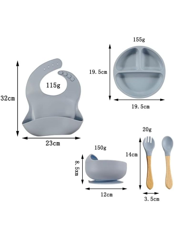 مجموعة اطعام اطفال من السيليكون، لوازم الفطام، تتضمن اكواب شفط واطباق مقسمة، مريلة قابلة للتعديل، ادوات اطفال وملاعق وشوك وكوب - العاب رائعة للاطفال (رصاصي) - Image 3