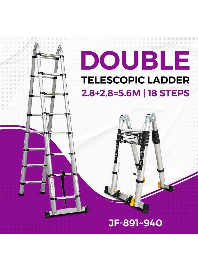 5.6M Heavy-Duty Double Telescopic Aluminum Ladder Dual Safety Lock System with Reinforced Design Ideal for Industrial Projects, Workshops & Professional Use - Image 2