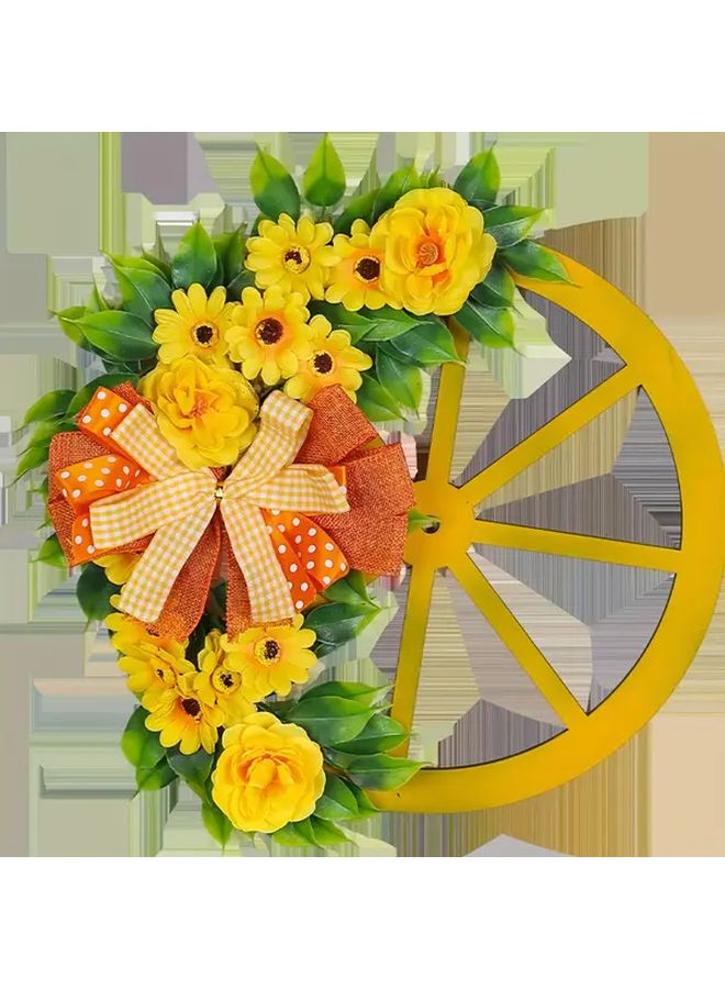 Yellow Floral Wheel Wreath Faux Greenery Ribbon Bow 16 Inch Spring Door Decor - Image 2