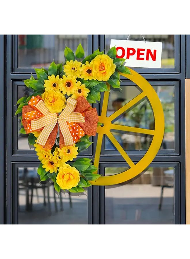 Yellow Floral Wheel Wreath Faux Greenery Ribbon Bow 16 Inch Spring Door Decor - Image 1