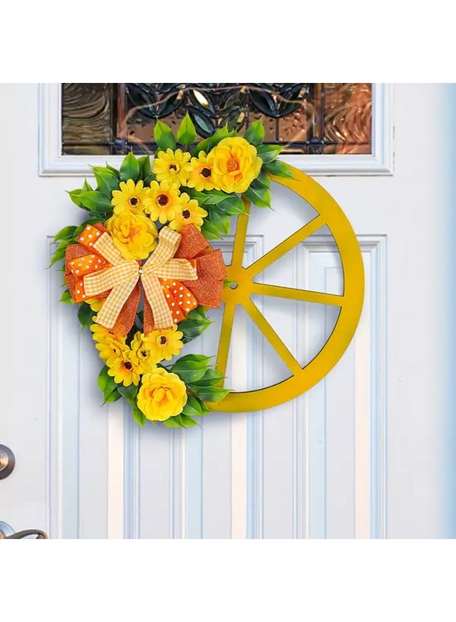 Yellow Floral Wheel Wreath Faux Greenery Ribbon Bow 16 Inch Spring Door Decor - Image 4