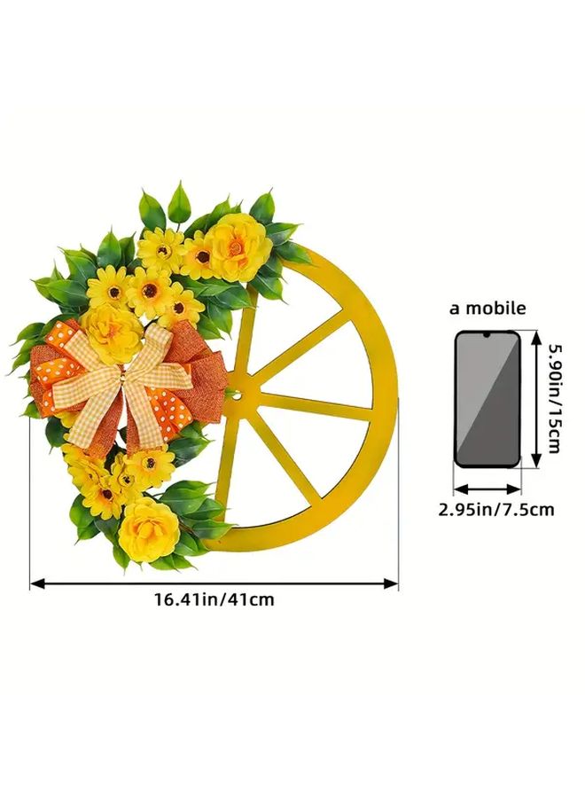 Yellow Floral Wheel Wreath Faux Greenery Ribbon Bow 16 Inch Spring Door Decor - Image 3