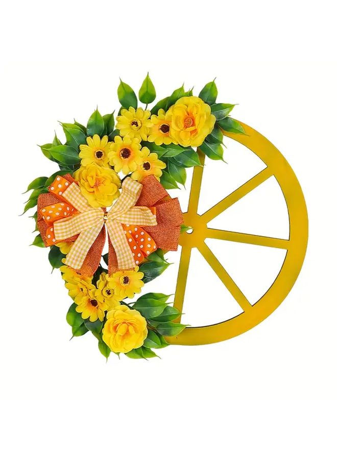Yellow Floral Wheel Wreath Faux Greenery Ribbon Bow 16 Inch Spring Door Decor - Image 5