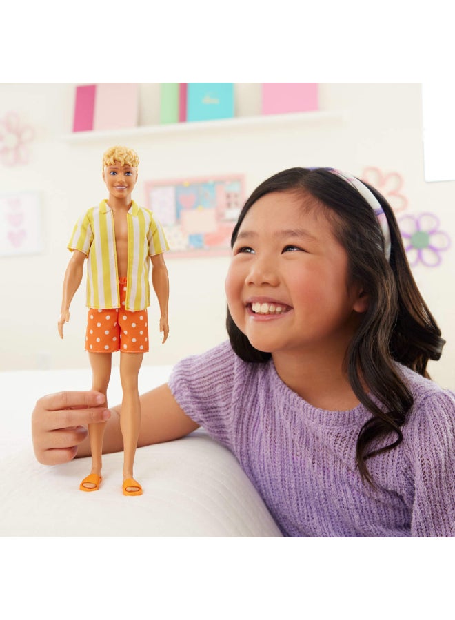 Barbie Fashionistas Style Ken Doll #252 with Blond Hair, Wearing Orange and Yellow Polka-Dot Board Shorts with Yellow and White Striped Shirt, Orange Shoes - Image 2