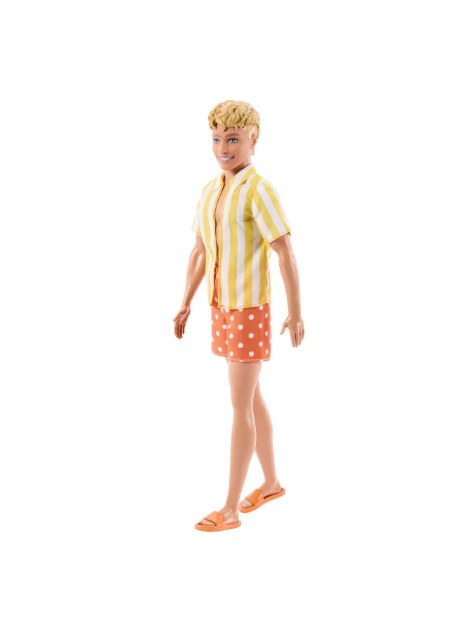 Barbie Fashionistas Style Ken Doll #252 with Blond Hair, Wearing Orange and Yellow Polka-Dot Board Shorts with Yellow and White Striped Shirt, Orange Shoes