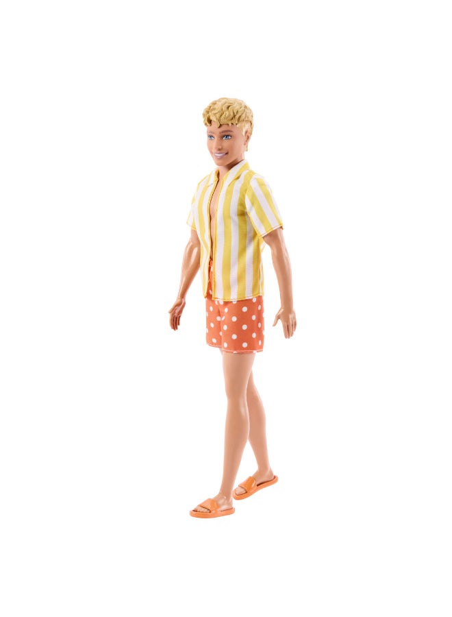 Barbie Fashionistas Style Ken Doll #252 with Blond Hair, Wearing Orange and Yellow Polka-Dot Board Shorts with Yellow and White Striped Shirt, Orange Shoes - Image 1
