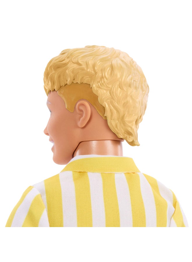 Barbie Fashionistas Style Ken Doll #252 with Blond Hair, Wearing Orange and Yellow Polka-Dot Board Shorts with Yellow and White Striped Shirt, Orange Shoes - Image 4