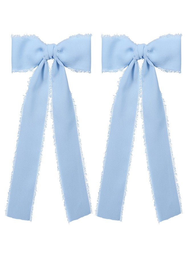 Miroksh 2 قطعة شريط شعر من الساتان الحريري الشيفون الأزرق الفاتح مع دبابيس قوس طويل 5.5 بوصة كبيرة مصنوعة يدويًا بحواف ممزقة لنساء وفتيات زينة فستان الزفاف الصيفي - Image 1