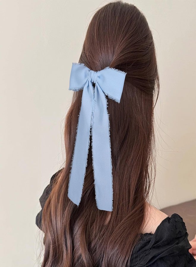 Miroksh 2 قطعة شريط شعر من الساتان الحريري الشيفون الأزرق الفاتح مع دبابيس قوس طويل 5.5 بوصة كبيرة مصنوعة يدويًا بحواف ممزقة لنساء وفتيات زينة فستان الزفاف الصيفي - Image 3