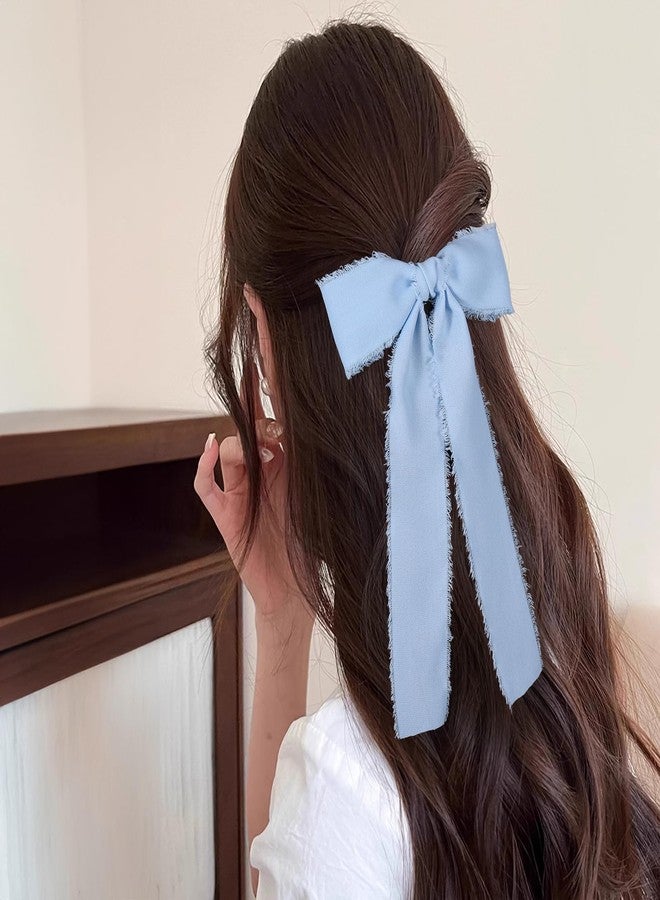 Miroksh 2 قطعة شريط شعر من الساتان الحريري الشيفون الأزرق الفاتح مع دبابيس قوس طويل 5.5 بوصة كبيرة مصنوعة يدويًا بحواف ممزقة لنساء وفتيات زينة فستان الزفاف الصيفي - Image 5