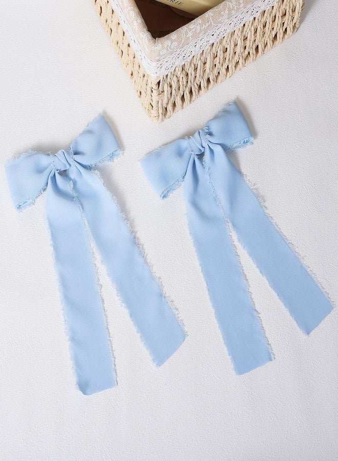 Miroksh 2 قطعة شريط شعر من الساتان الحريري الشيفون الأزرق الفاتح مع دبابيس قوس طويل 5.5 بوصة كبيرة مصنوعة يدويًا بحواف ممزقة لنساء وفتيات زينة فستان الزفاف الصيفي - Image 2