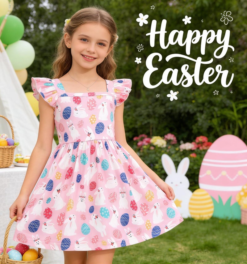 Popshion Easter Dresses for Girls Sleeveless Clothes Toddler Eggs Outfit Flutter Sleeve Rabbit Sundress Summer Kids Pink Easter Bunny Dress 4t / 3-4 Years - Image 4