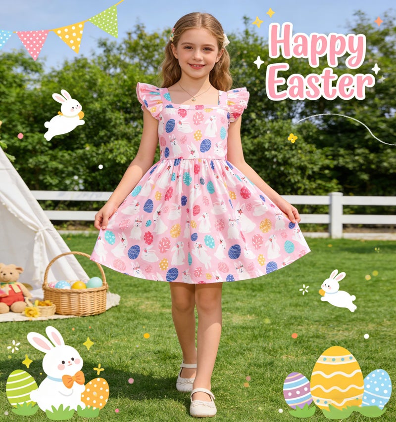 Popshion Easter Dresses for Girls Sleeveless Clothes Toddler Eggs Outfit Flutter Sleeve Rabbit Sundress Summer Kids Pink Easter Bunny Dress 4t / 3-4 Years - Image 3