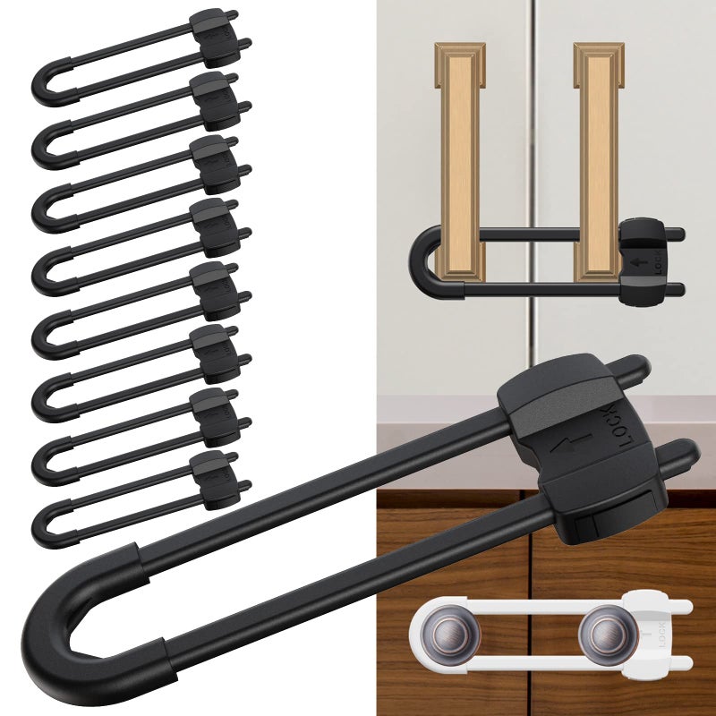 LRANFOW U-Shaped Baby Proof Cabinet Locks No Drilling Required, Adjustable Child Safety Latches for Cabinets Drawers Kitchen Doors, 10 Pack Black - Image 1