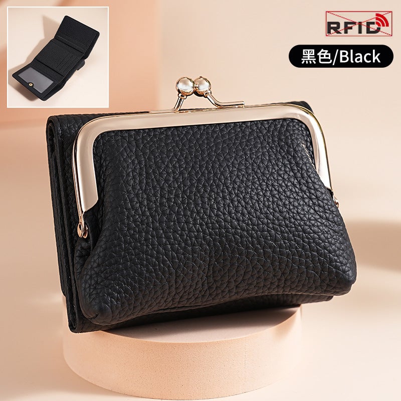 Fashionable Womens Mini Wallet Top Layer Cowhide Leather Three Fold Coin Storage Bag Urban Simple Style Solid Color Pattern Black