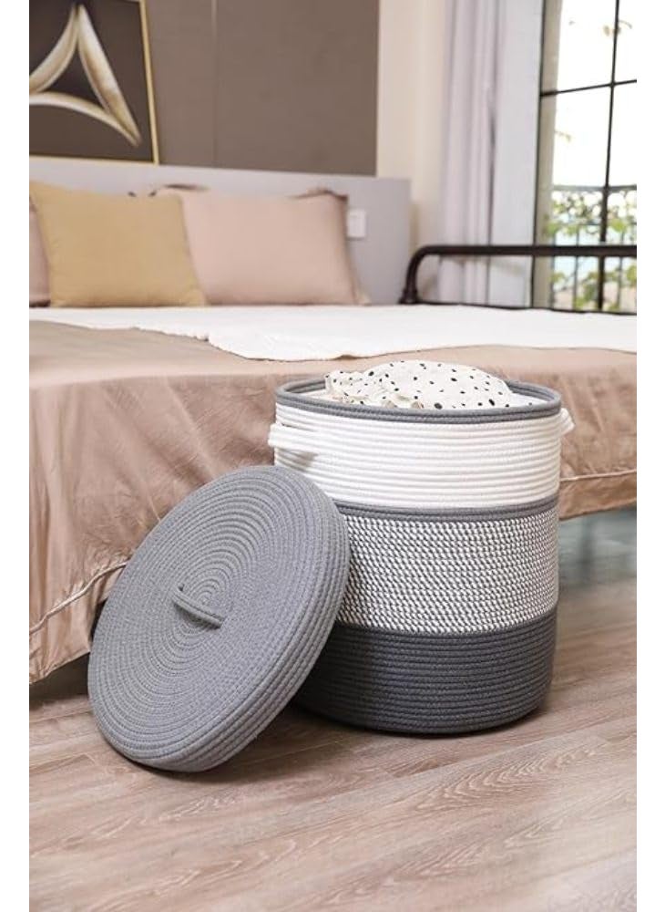 GRATIFY Mansa Traders 12 x 12 x 14 Large Storage Basket with Lid Cotton Rope Storage Baskets Laundry Basket Blankets Pillows Storage in Living Room Baby Nursery Basket With top Cover Mix Black  - Image 5
