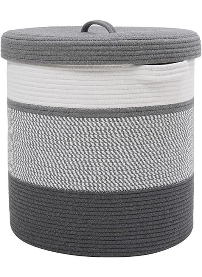 GRATIFY Mansa Traders 12 x 12 x 14 Large Storage Basket with Lid Cotton Rope Storage Baskets Laundry Basket Blankets Pillows Storage in Living Room Baby Nursery Basket With top Cover Mix Black  - Image 1