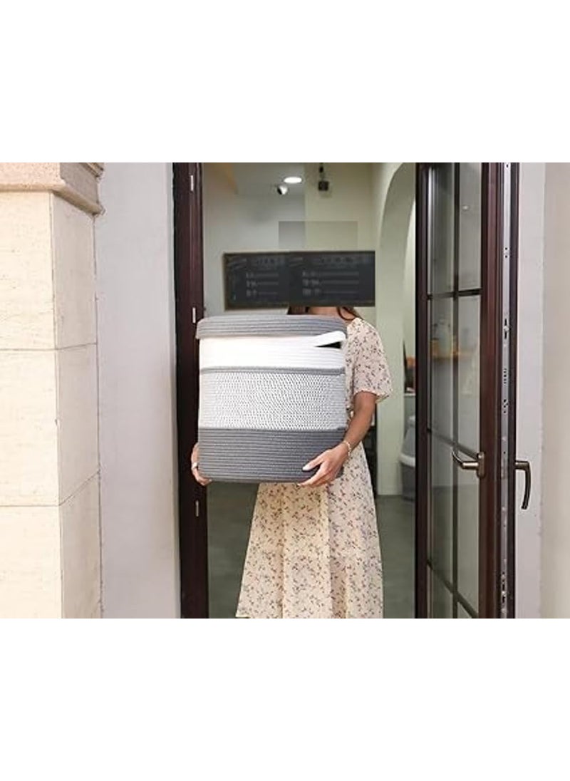 GRATIFY Mansa Traders 12 x 12 x 14 Large Storage Basket with Lid Cotton Rope Storage Baskets Laundry Basket Blankets Pillows Storage in Living Room Baby Nursery Basket With top Cover Mix Black  - Image 4