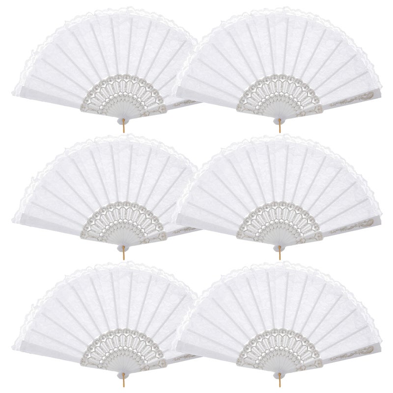 BABEYOND 6pcs White Lace Folding Hand Fan Handheld Folding Fan Fabric Folding Fan for Wedding Dancing Party Favor Wall Decoration
