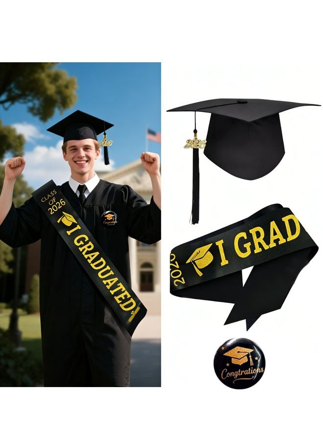 Ailily Graduation Cap,Sash Set and badge three-piece set, Black Graduation Hat with Tassel and 2026 Year Gold Date Charms & “I GRADUATED” Sash, Adjustable Fit for Adults, for Graduation Ceremonies, Parties & Photo Props (I GRADUATED) - Image 1
