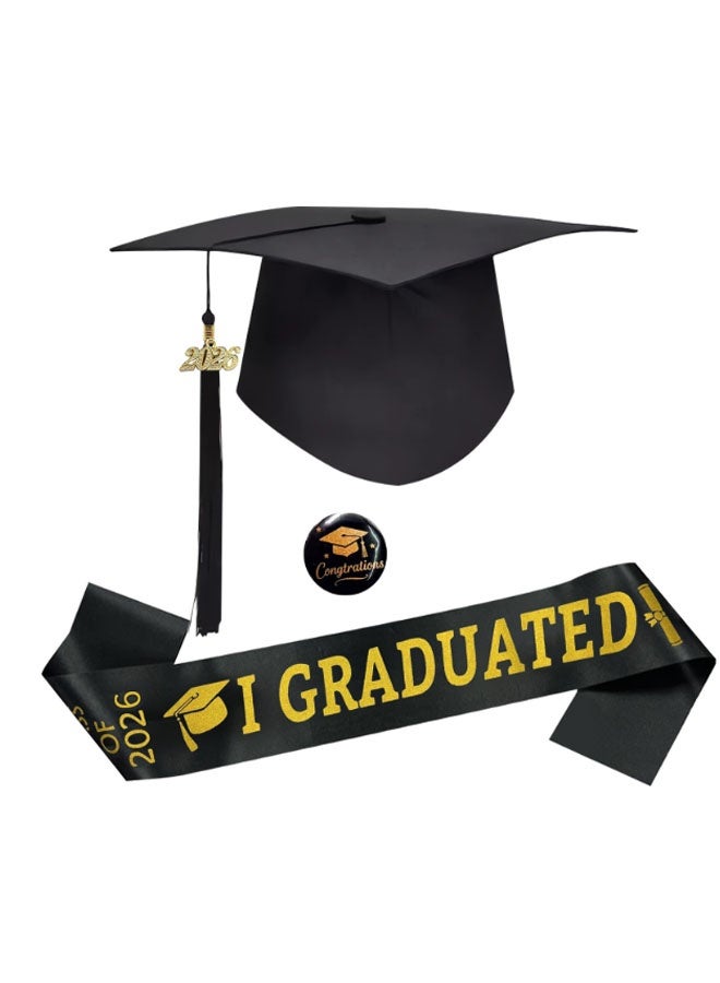 Ailily Graduation Cap,Sash Set and badge three-piece set, Black Graduation Hat with Tassel and 2026 Year Gold Date Charms & “I GRADUATED” Sash, Adjustable Fit for Adults, for Graduation Ceremonies, Parties & Photo Props (I GRADUATED) - Image 2
