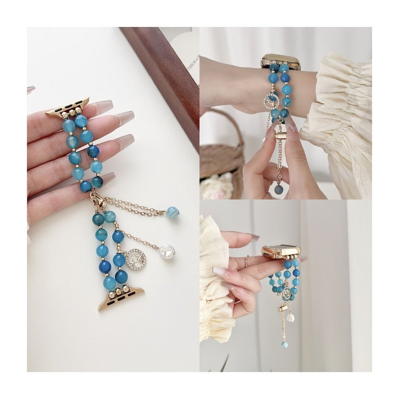 Vintage Navy Blue Beaded Pearl Tassel Watch Band Star Moon Charm 42mm - Image 1