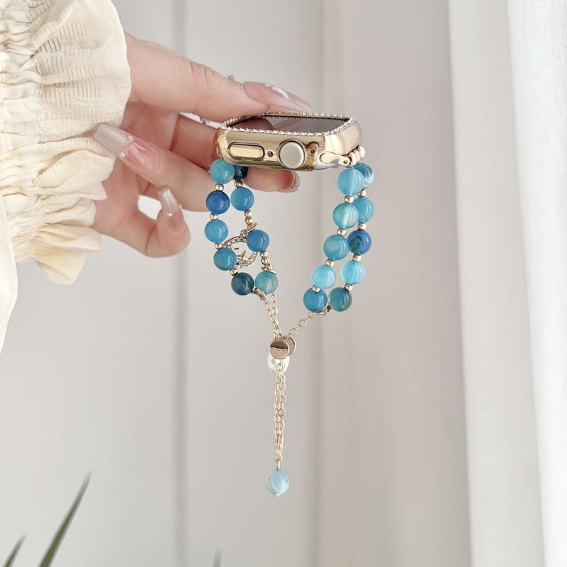 Vintage Navy Blue Beaded Pearl Tassel Watch Band Star Moon Charm 42mm - Image 5