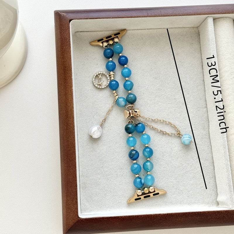 Vintage Navy Blue Beaded Pearl Tassel Watch Band Star Moon Charm 42mm - Image 3