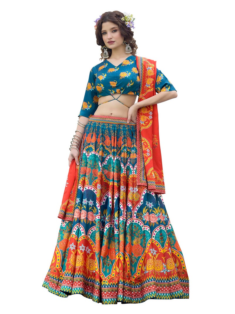 PURVAJA Women's Chinon/Art Silk Semi-Stitched Lehenga choli (Sachi-Blue_Free Size) - Image 5