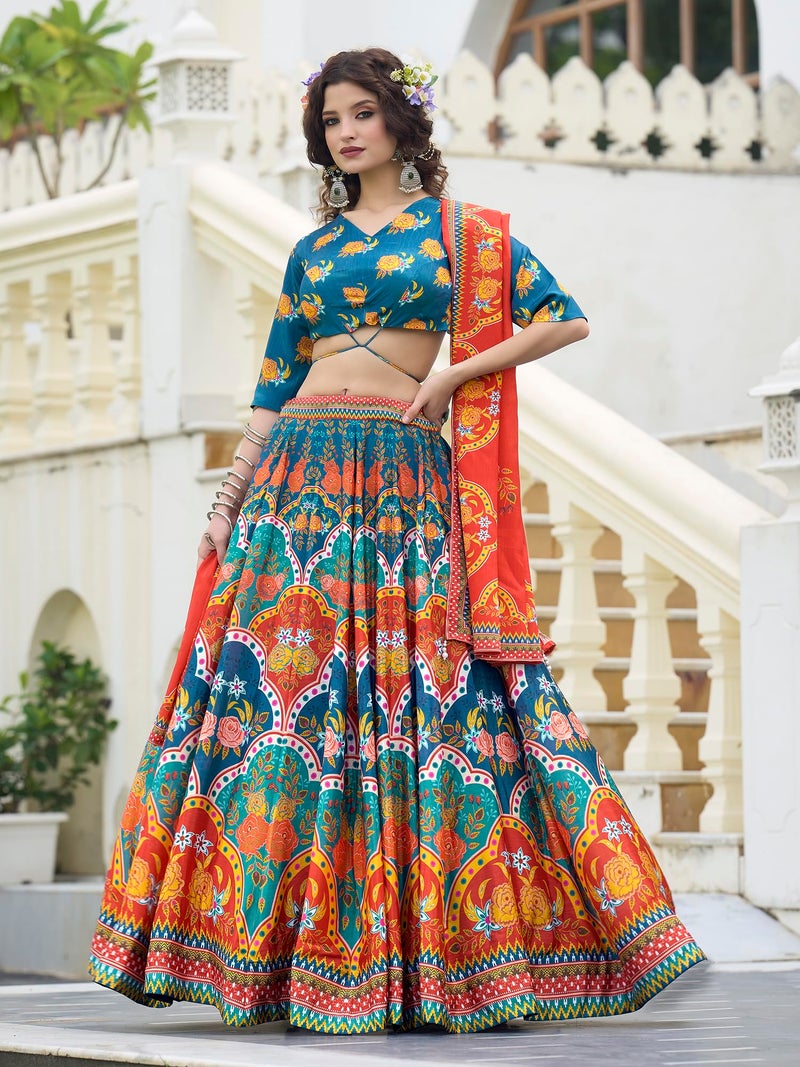 PURVAJA Women's Chinon/Art Silk Semi-Stitched Lehenga choli (Sachi-Blue_Free Size) - Image 2