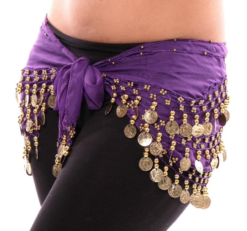 VRITRAZ Women's Chiffon Belly Dance Hip Scarf Waistband Belt Skirt with128 Ringy Golden Coins 128 Purple - Image 1