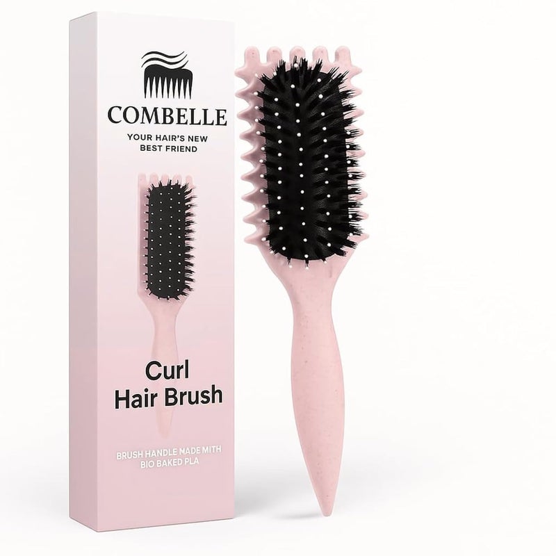 Combelle 5-in-1 Curl Hair Brush, Vegan Boar Bristles, Bio-Baked PLA Handle, Detangling and Frizz Control for Curly Hair (Pink) - Image 1