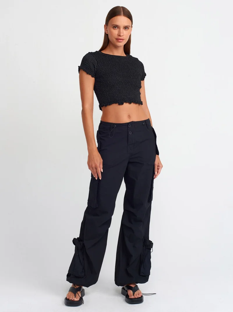 Dilvin 10554 Crew Neck Fluffy Textured Knitwear Blouse-Black
