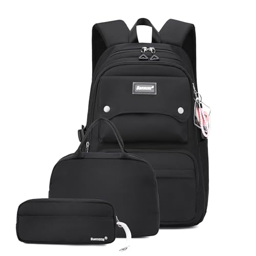 Bansusu 3Pcs Black Backpack for Teen Girls with Lunchbox, School Bag Girls Backpack Bookbag for Kids, Black - Image 1