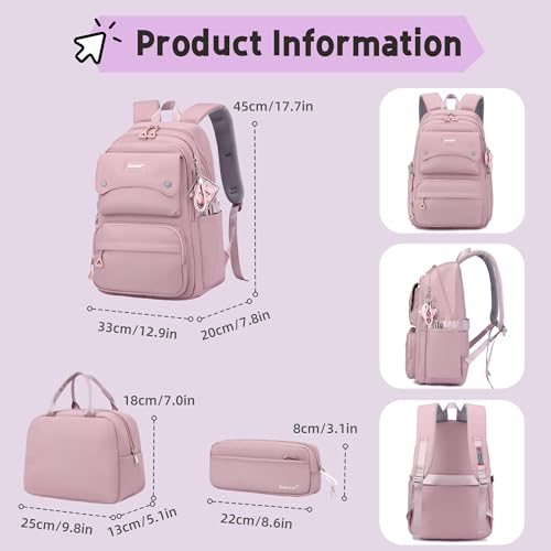 Bansusu 3Pcs Black Backpack for Teen Girls with Lunchbox, School Bag Girls Backpack Bookbag for Kids, Black - Image 3