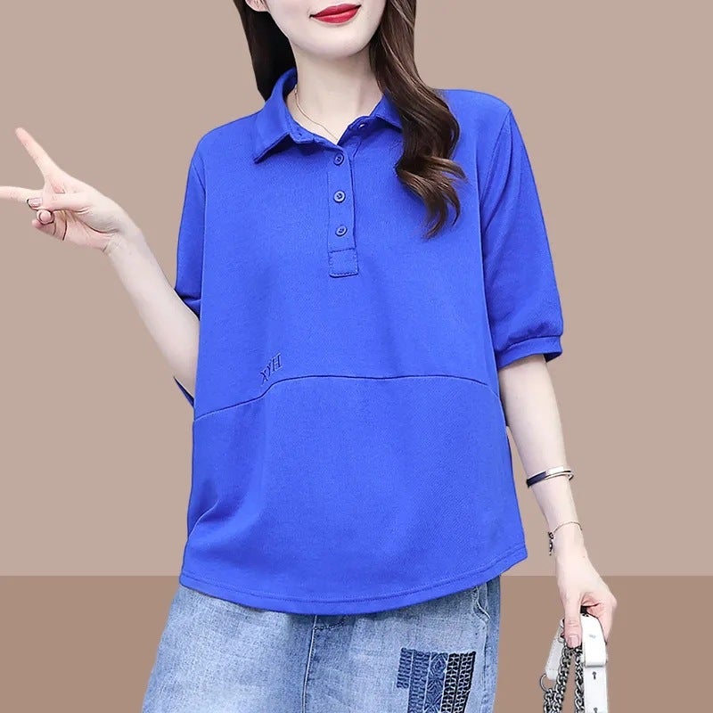 Loose Mid-Sleeve T-Shirt Women'S 2024 Half-Sleeve Sweat Thin Plus Size Fashionable Lapel Short-Sleeve Top Trendy - Image 5
