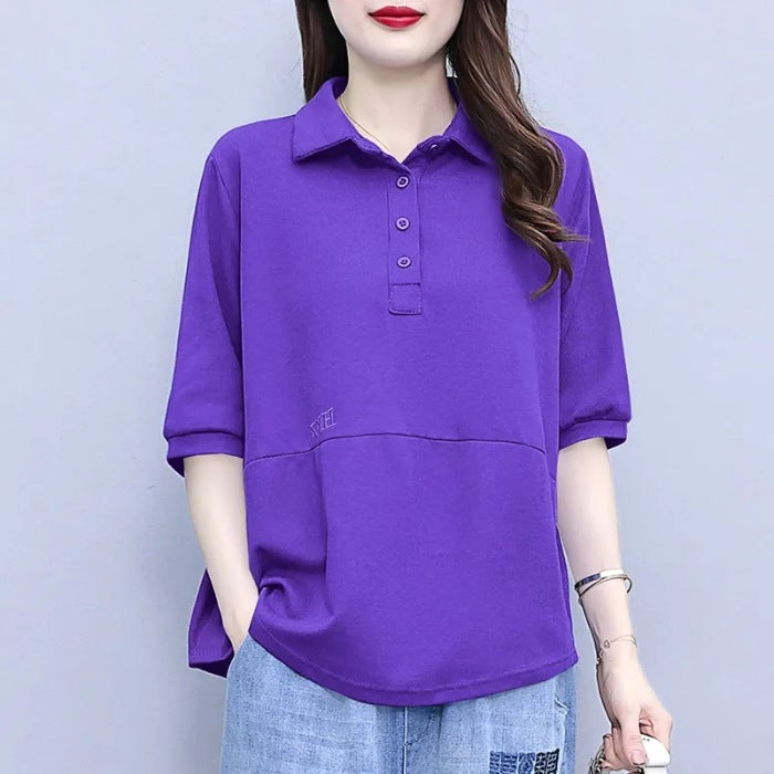 Loose Mid-Sleeve T-Shirt Women'S 2024 Half-Sleeve Sweat Thin Plus Size Fashionable Lapel Short-Sleeve Top Trendy - Image 1