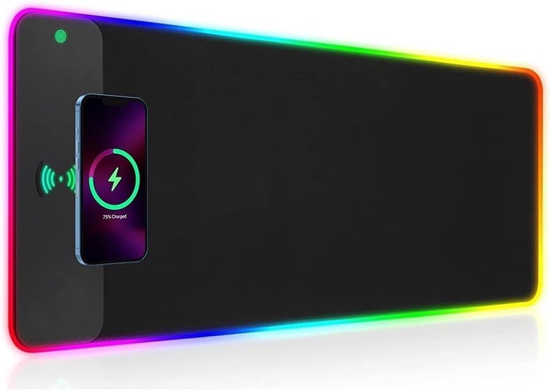 كاست ويف سجادة ماوس ألعاب RGB مع شحن لاسلكي، سجادة ماوس LED مقاس 31.5 * 11.8 بوصة، 10 أوضاع إضاءة، سجادة ماوس كبيرة جدًا، سجادة كمبيوتر لوحة مفاتيح بقاعدة مطاطية مانعة للانزلاق للألعاب، MacBook، الكمبيوتر الشخصي، الكمبيوتر المحمول، المكتب - Image 1