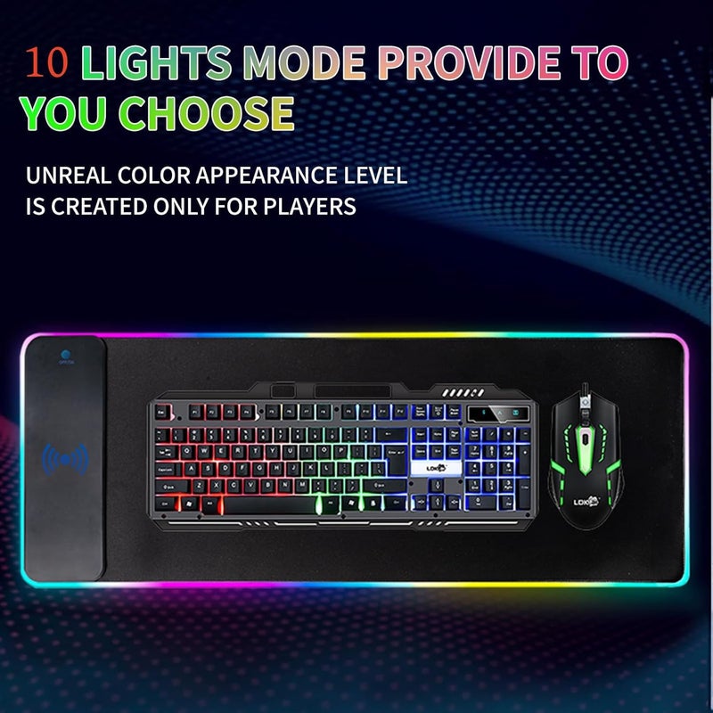 كاست ويف سجادة ماوس ألعاب RGB مع شحن لاسلكي، سجادة ماوس LED مقاس 31.5 * 11.8 بوصة، 10 أوضاع إضاءة، سجادة ماوس كبيرة جدًا، سجادة كمبيوتر لوحة مفاتيح بقاعدة مطاطية مانعة للانزلاق للألعاب، MacBook، الكمبيوتر الشخصي، الكمبيوتر المحمول، المكتب - Image 2