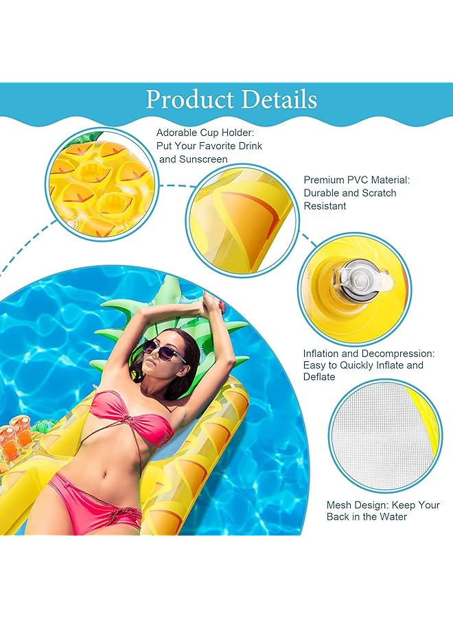 KASTWAVE Pool Inflatable Floats Adult Giant Pineapple Inflatable Pool Floats With Cup Holder 170 Cm Beach Floaties Lounge Luxury Recliner For Summer Outdoor Swimming Pool Party (Yellow) - Image 3