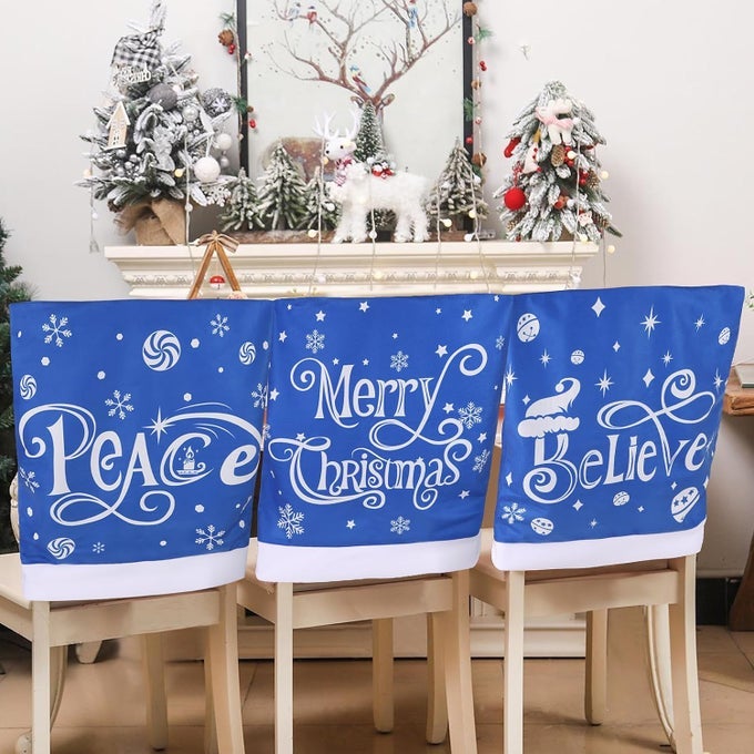 4PCS CHRISTMAS CHAIR COVERS FOR DINING ROOMSBLUE HOLIDAY CHAIR SLIPCOVERS FOR KITCHEN WEDDING XMAS PARTY TABLE DECOR WINTER CHRISTMAS CHAIR BACK COVERS