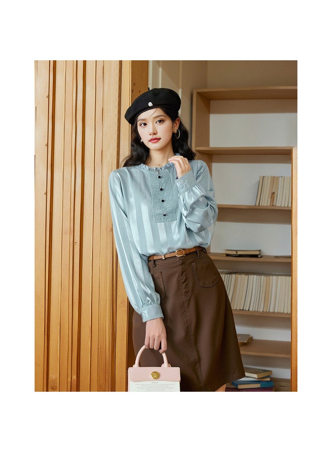 Elegant Striped Blouse For Women - Spring/autumn Long Sleeve Chiffon Top With Ruffle Details And Unique Design - Image 2