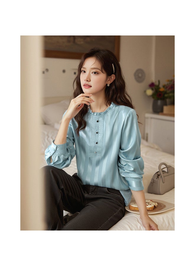 Elegant Striped Blouse For Women - Spring/autumn Long Sleeve Chiffon Top With Ruffle Details And Unique Design - Image 4