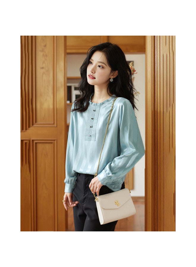 Elegant Striped Blouse For Women - Spring/autumn Long Sleeve Chiffon Top With Ruffle Details And Unique Design - Image 3