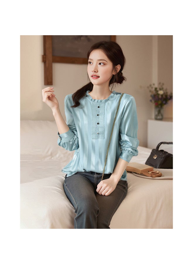 Elegant Striped Blouse For Women - Spring/autumn Long Sleeve Chiffon Top With Ruffle Details And Unique Design - Image 5
