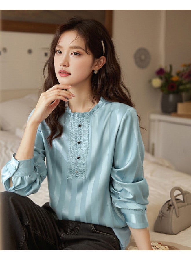 Elegant Striped Blouse For Women - Spring/autumn Long Sleeve Chiffon Top With Ruffle Details And Unique Design - Image 1