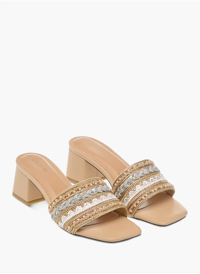 سيليست Womens Embellished Slip-On Sandals With Block Heels Ramadan Collection